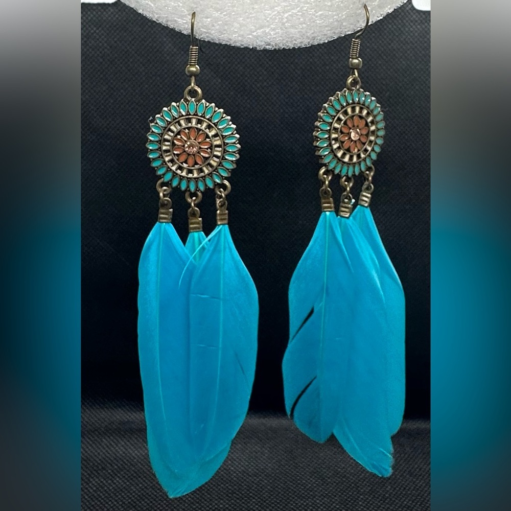 ✨💎 Bohemian Chic Turquoise Feather Dangle Earrings | Festival Statement Jewelry🩵 - Picture 12 of 16